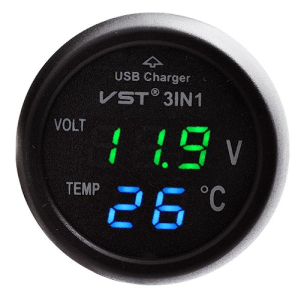 Автомобільний термометр – вольтметр із зарядним пристроєм USB 3 в 1 VST 706-4 у прикурювач авто 12-24В ∙ Зелені/сині цифри