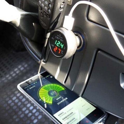 Автомобільний термометр – вольтметр з USB 3 в 1 VST 706-5 у прикурювач авто 12-24В ∙ Сині/помаранчеві цифри 4
