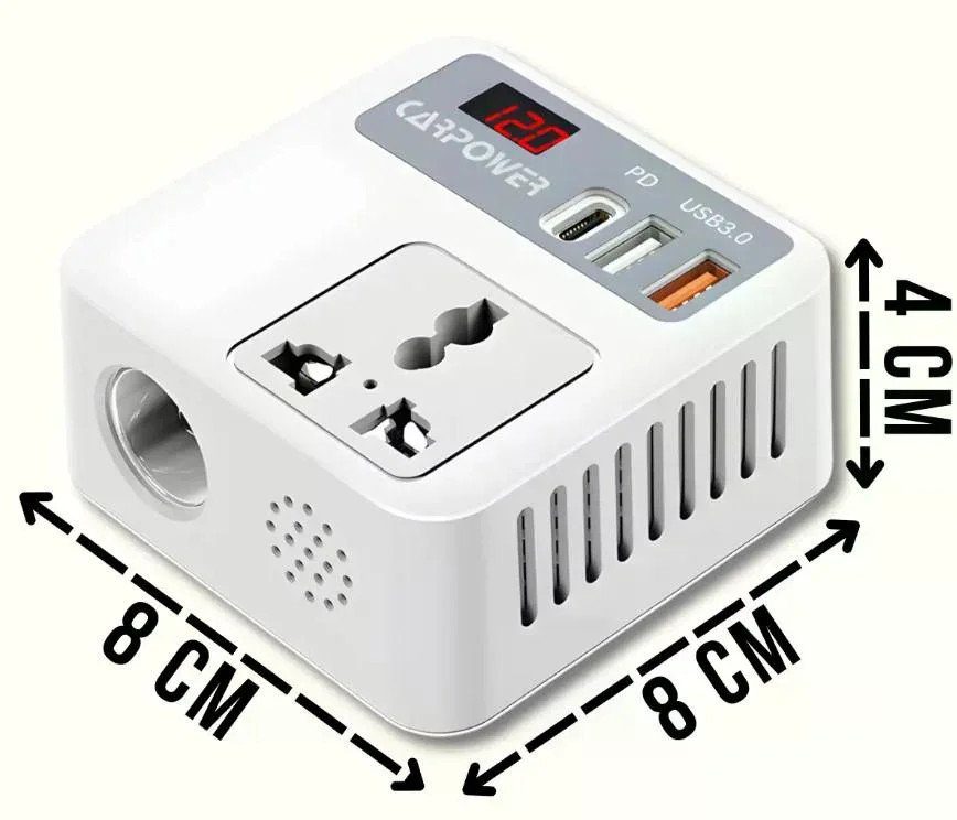 Автомобільний інвертор Car Power 150W 12V–220V • Перетворювач напруги від прикурювача 12V у 220V з 2 USB, Type-C PD та дисплеєм 2
