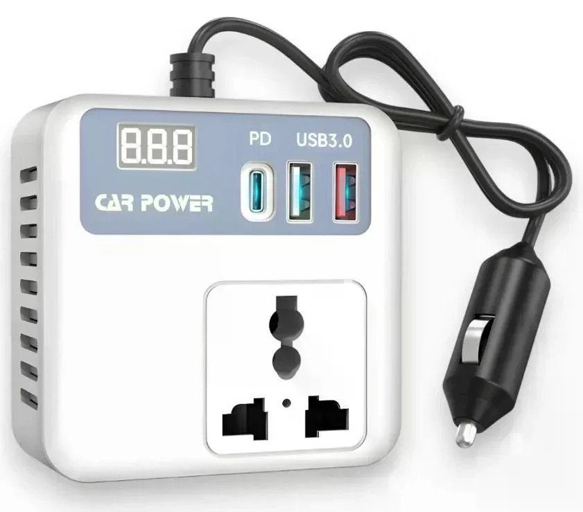 Автомобільний інвертор Car Power 150W 12V–220V • Перетворювач напруги від прикурювача 12V у 220V з 2 USB, Type-C PD та дисплеєм 3