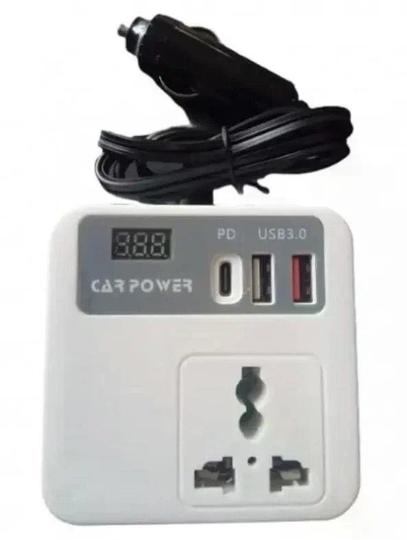 Автомобільний інвертор Car Power 150W 12V–220V • Перетворювач напруги від прикурювача 12V у 220V з 2 USB, Type-C PD та дисплеєм 5