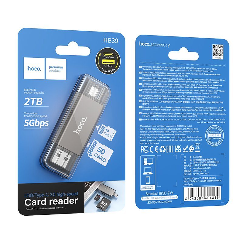 Кардрідер HOCO HB39 USB/Type-C 3.0 high-speed card reader Metal Gray (6942007604819) 9