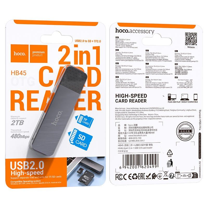 Кардрідер HOCO HB45 Spirit 2-in-1 USB 2.0 card reader Metal Gray (6942007620499) 2