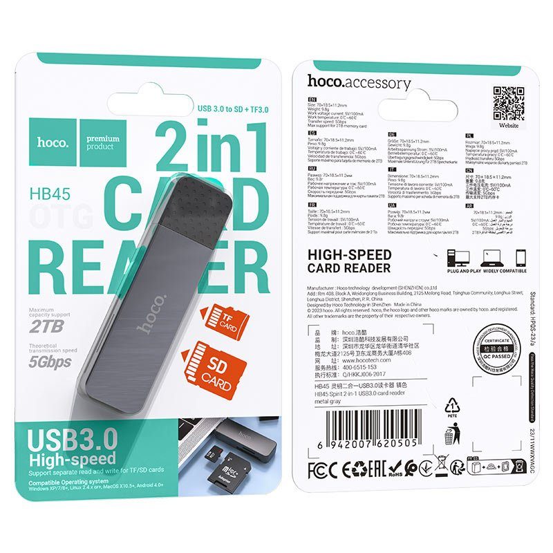Кардрідер HOCO HB45 Spirit 2-in-1 USB 3.0 card reader Metal Gray (6942007620505) 2