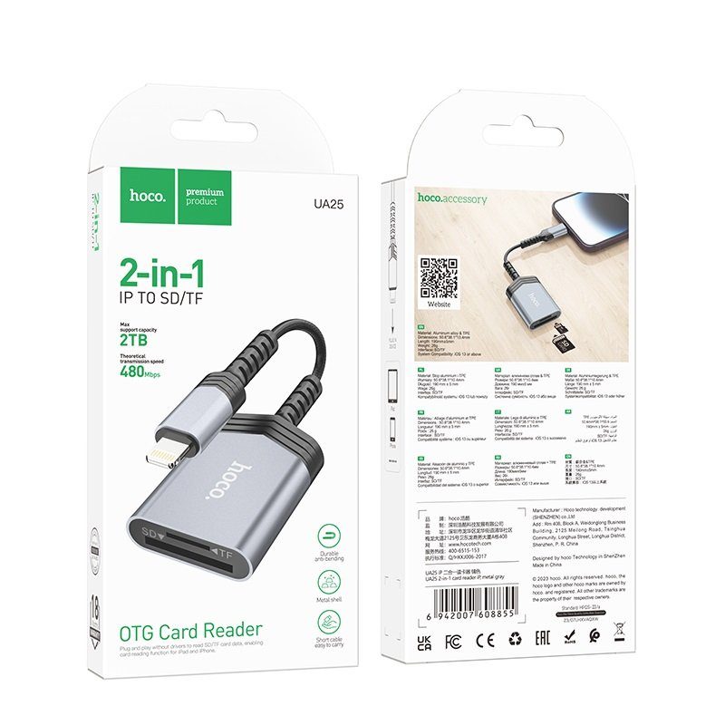 Кардрідер HOCO UA25 2-in-1 card reader iP Metal Gray (6942007608855) 5