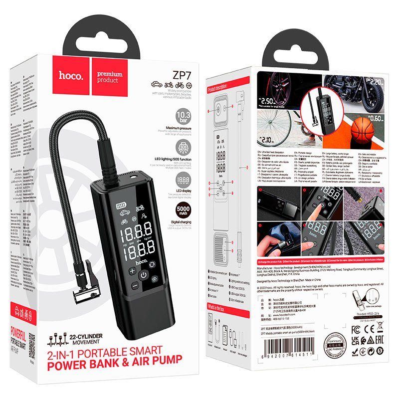 Автомобільний насос HOCO ZP7 Maddy portable smart air pump(5000mAh) Black (6942007614511) 2