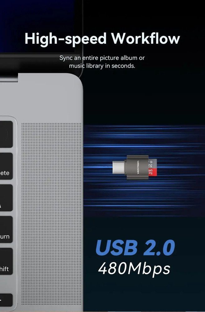 Картридер Vention USB 2.0 Type-C MicroSD Card Reader Gray Zinc Alloy Type (CLMH0) 2