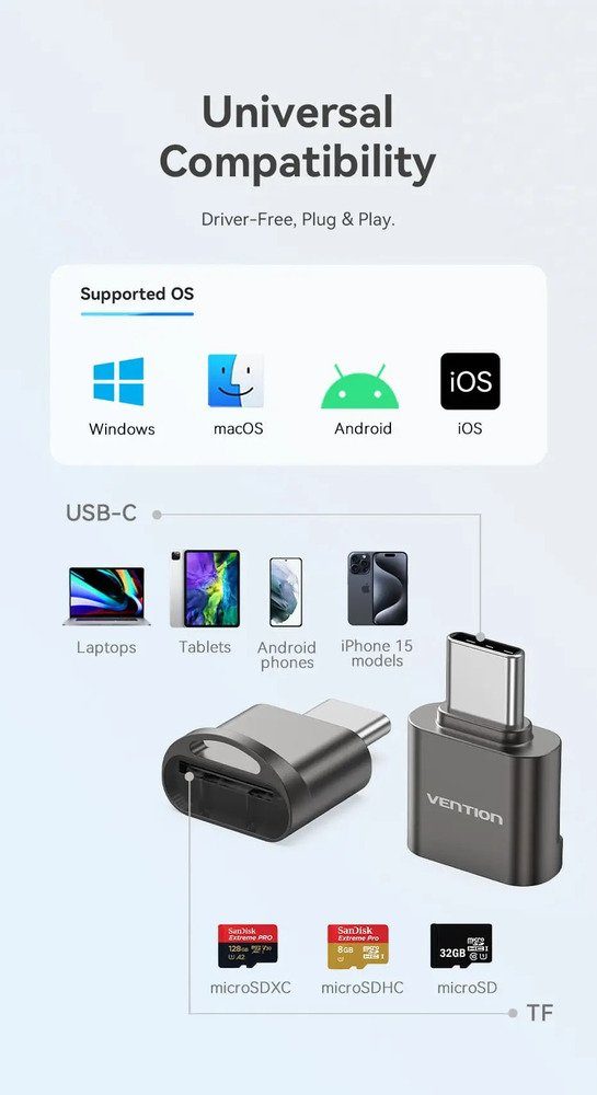 Картридер Vention USB 2.0 Type-C MicroSD Card Reader Gray Zinc Alloy Type (CLMH0) 8