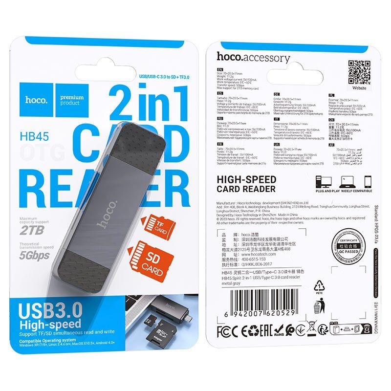 Кардрідер HOCO HB45 Spirit 2-in-1 USB/Type-C 3.0 card reader Metal gray (6942007620529) 8