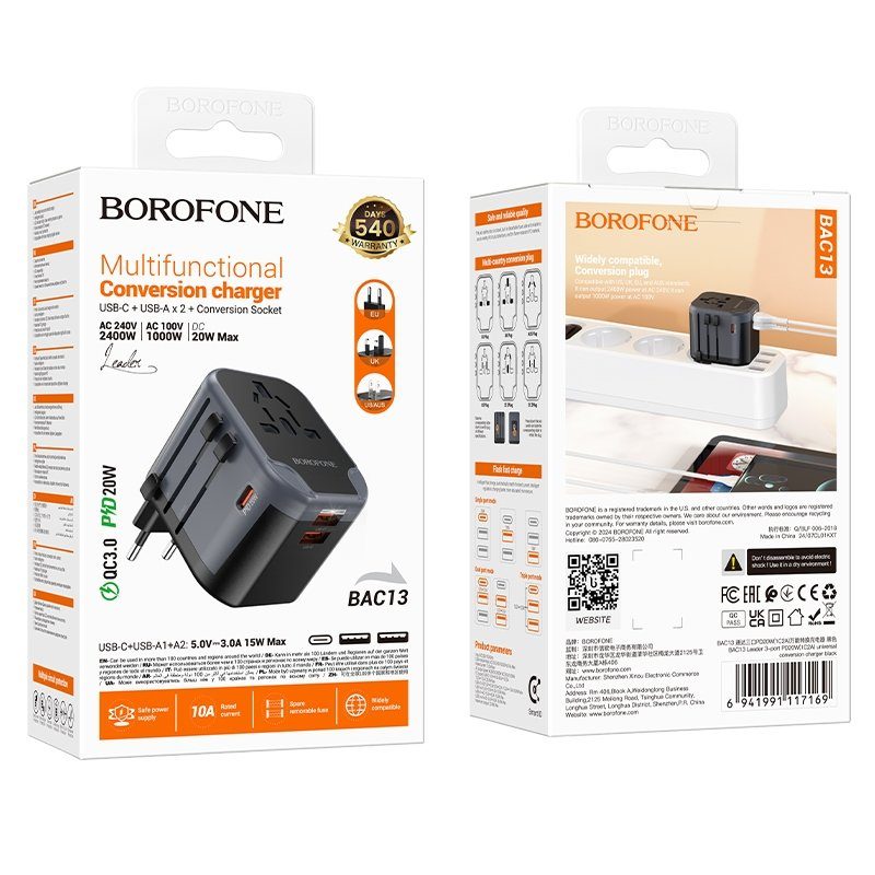 Мережевий зарядний пристрій BOROFONE BAC13 Leader 3-port PD20W(1C2A) universal conversion charger Black (6941991117169) 2