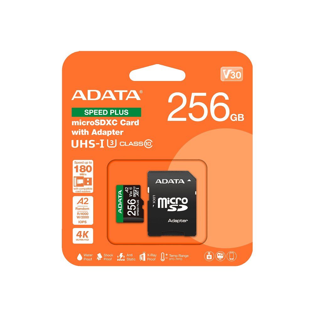 Карта пам'яті microSDXC (UHS-1 U3) A-DATA SPEED PLUS 256Gb Class 10 V30 A2 (R-180Mb/s W160Mb/s) (adapter SD) (UD256GUI3V30A2SP-RA1) 2