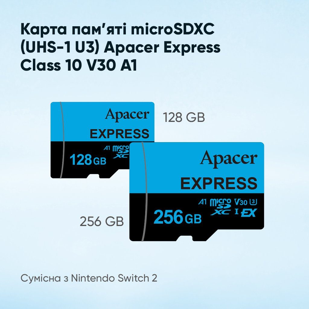 Карта пам'яті microSDXC  (UHS-1 U3) Apacer Express 128Gb class 10 V30 A1  Read/Write:810/700 MB/sec (Compatible with Nintendo Switch 2) (AP128GMCEXG3X17-RA) 3