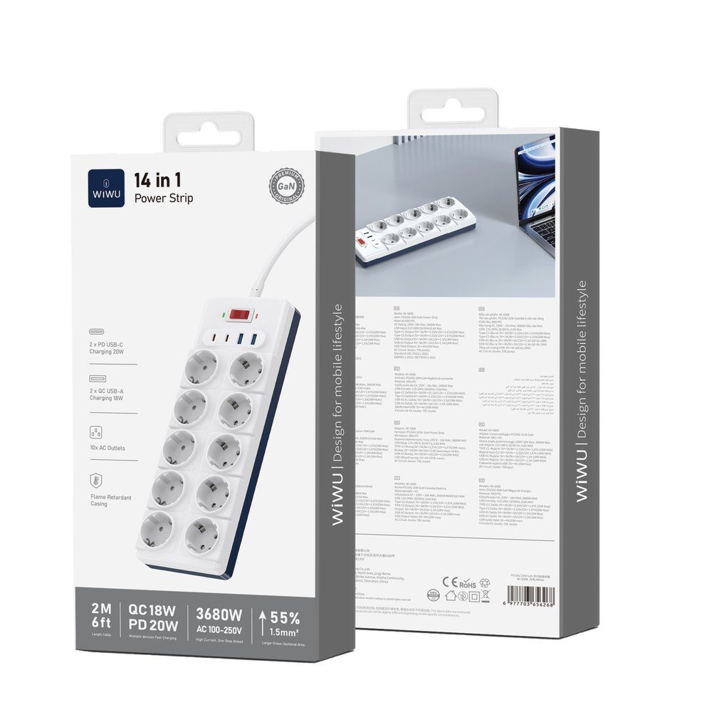 Мережевий подовжувач WIWU 14 in 1 20W GaN Power Strip 2C+2A+10AC Wi-S008 EU (2 m) White (6977703656268) 2