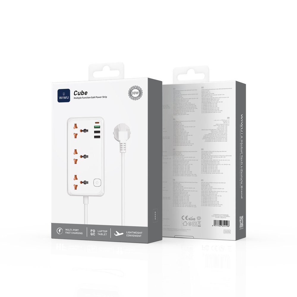 Мережевий подовжувач WIWU 30W Cube Multiple Function GaN Power Strip 1C3A+3 sockets Wi-S005 EU White (6977703654196) 2