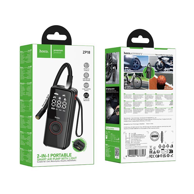 Автомобільний насос HOCO ZP18 Enlighten portable smart air pump Black (6942007673303) 2