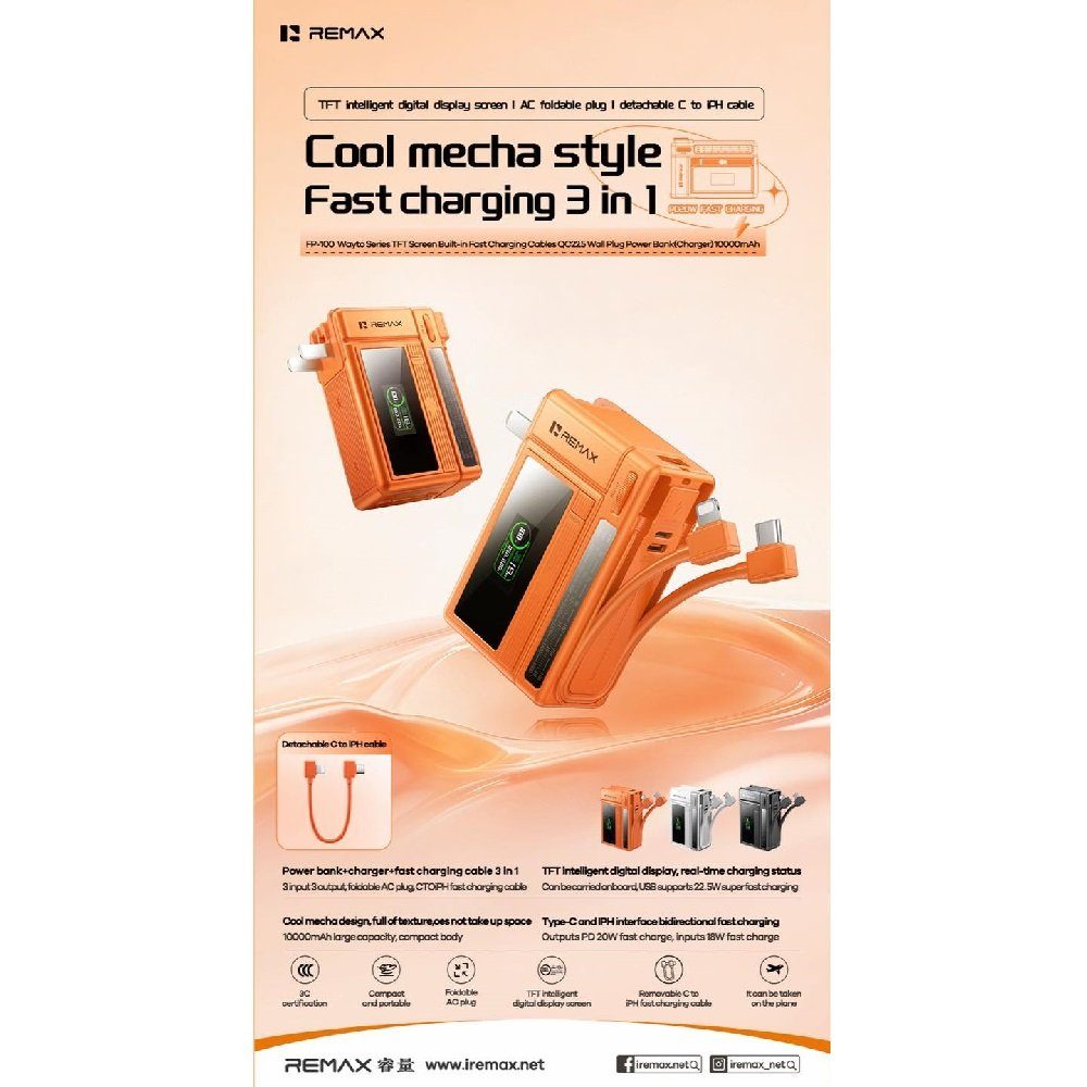 Зовнішній акумулятор REMAX Wayto Series TFT Screen Built-in Fast Charging Cables QC22.5 Wall Plug Power Bank(Charger)10000mAh FP-100 Black (6954851265559) 3
