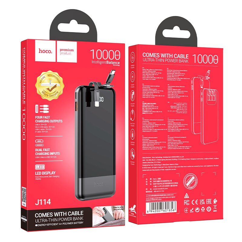 Зовнішній акумулятор HOCO J114 Charger power bank with cable and digital display(10000mAh) Black (6942007601856) 2