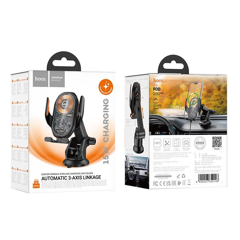 Автотримач для телефона з БЗП HOCO HW34 Blue whale 3-axis linkage wireless fast charging car holder(center console) (6942007652148) 2