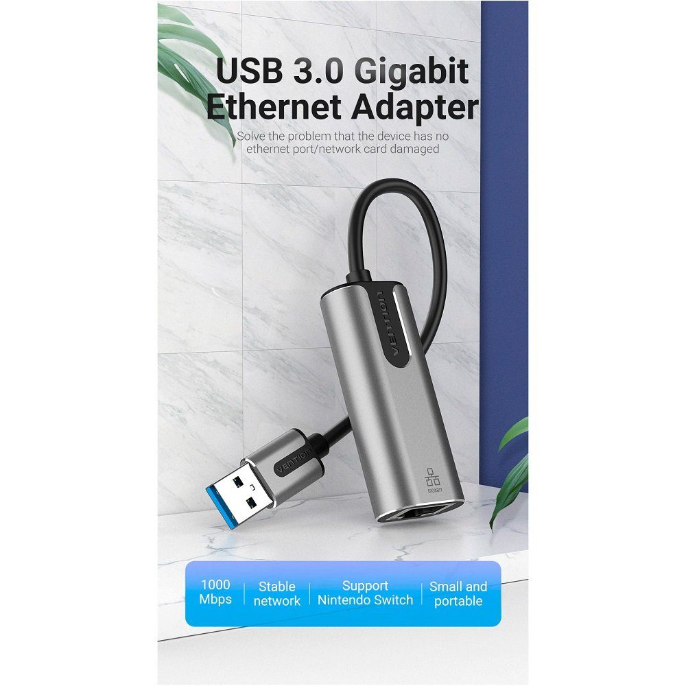 Адаптер Vention USB 3.0-A to Gigabit Ethernet Adapter Gray 0.15M Aluminum Alloy Type (CEWHB) (CEWHB) 3