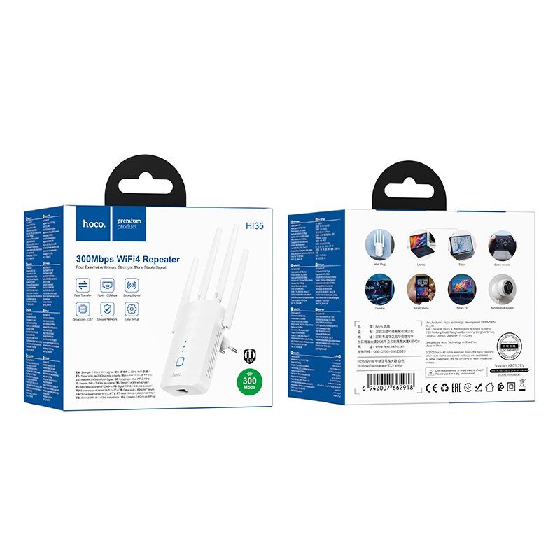 Ретранслятор Wi-Fi HOCO HI35 WiFi4 repeater White (6942007662918) 2