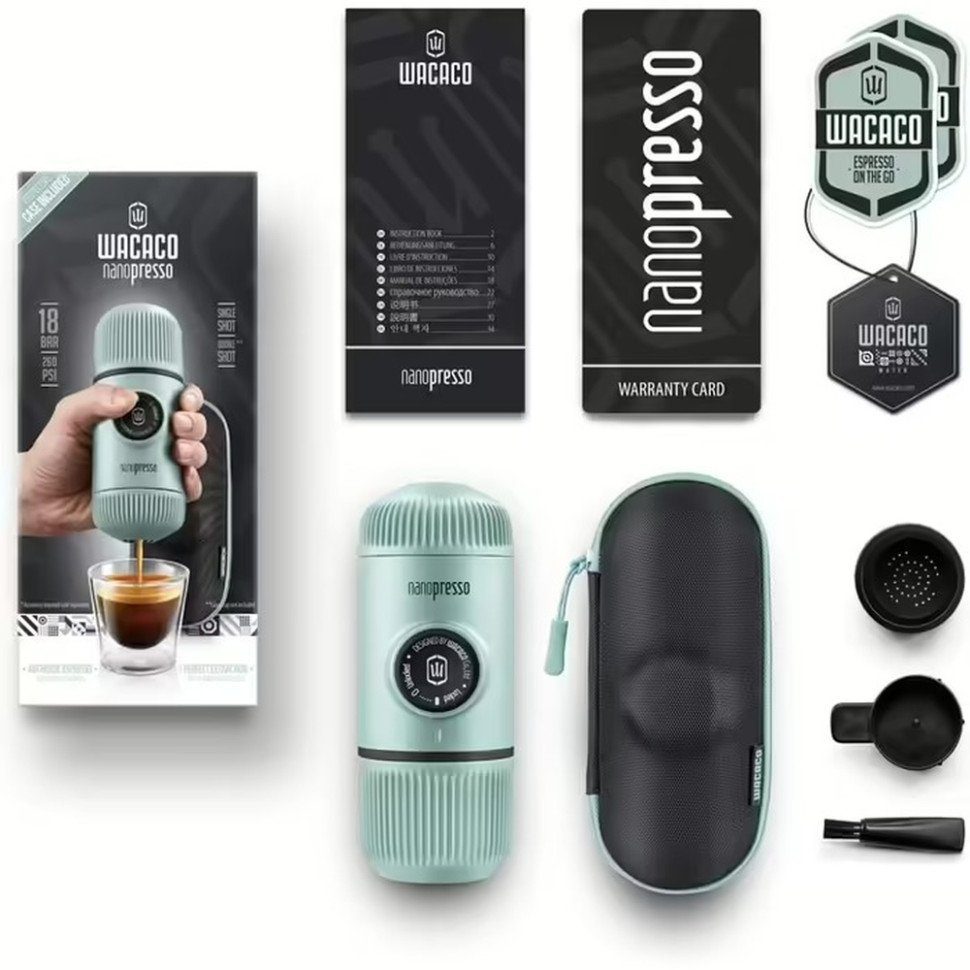 Портативна еспресо-кавоварка Wacaco Nanopresso блакитна з чохлом, механічна, для меленої кави 2