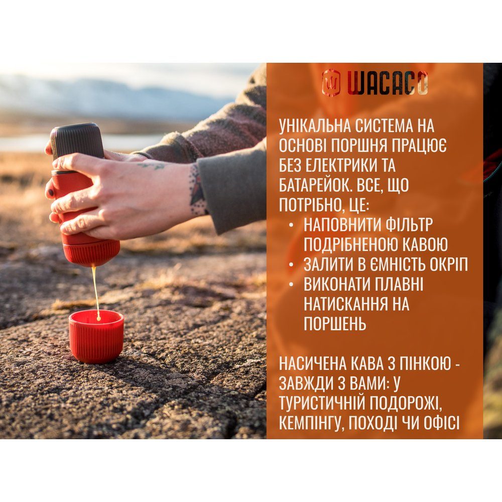 Портативна еспресо-кавоварка Wacaco Nanopresso зелена з чохлом, механічна, для меленої кави 7