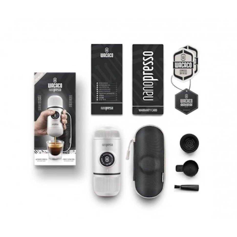 Портативна еспресо-кавоварка Wacaco Nanopresso біла з чохлом, механічна, для меленої кави 2