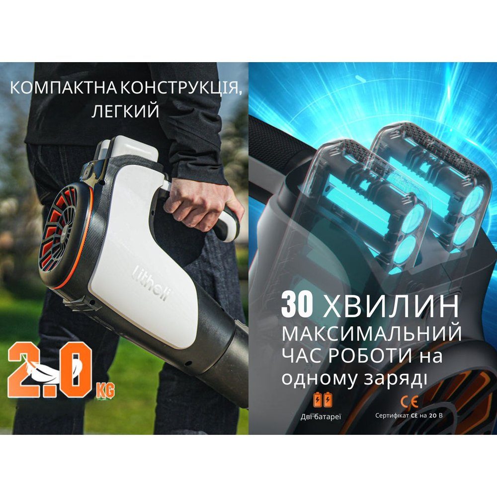 Акумуляторна повітродувка садова Litheli 560CFM, живлення від павербанку (2шт УМБ Litheli Power Bank 20000 mAh, 45 W, 4А в комплекті) 10