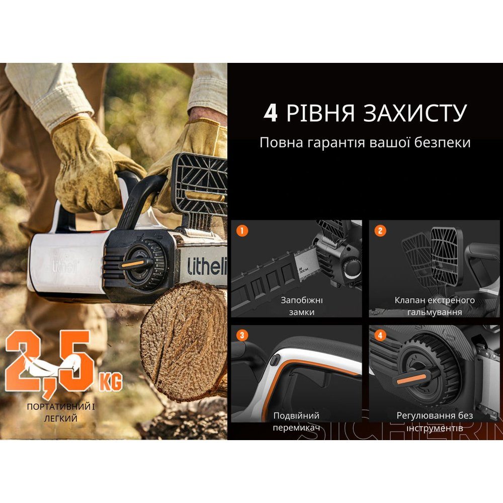 Акумуляторна ланцюгова пила Litheli, живлення від павербанку (2 шт УМБ Litheli Power Bank 10000 mAh, 45 W, 2А в комплекті) 9