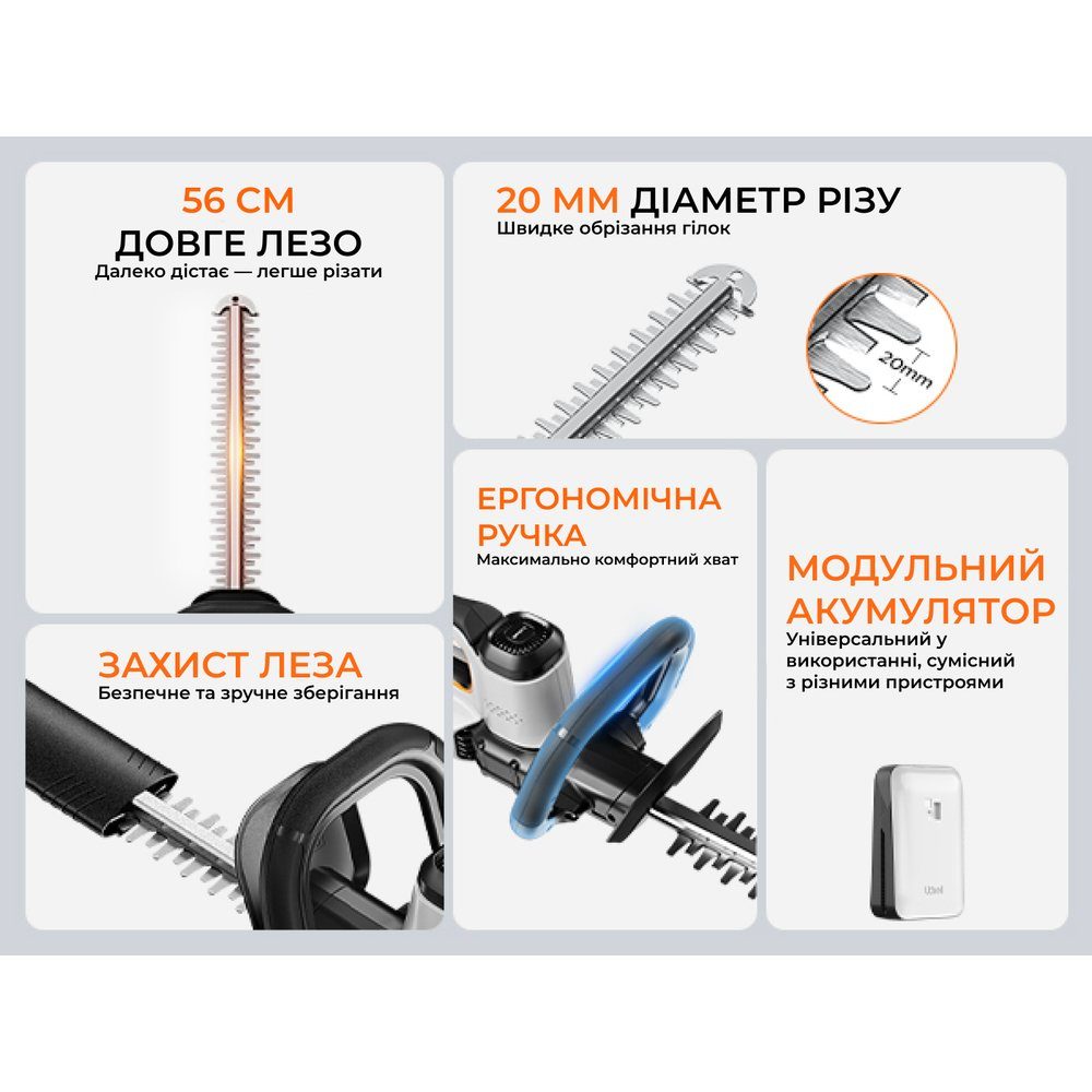 Акумуляторний кущоріз Litheli, живлення від павербанку (УМБ Litheli Power Bank 20000 mAh, 45 W, 2А в комплекті) 6
