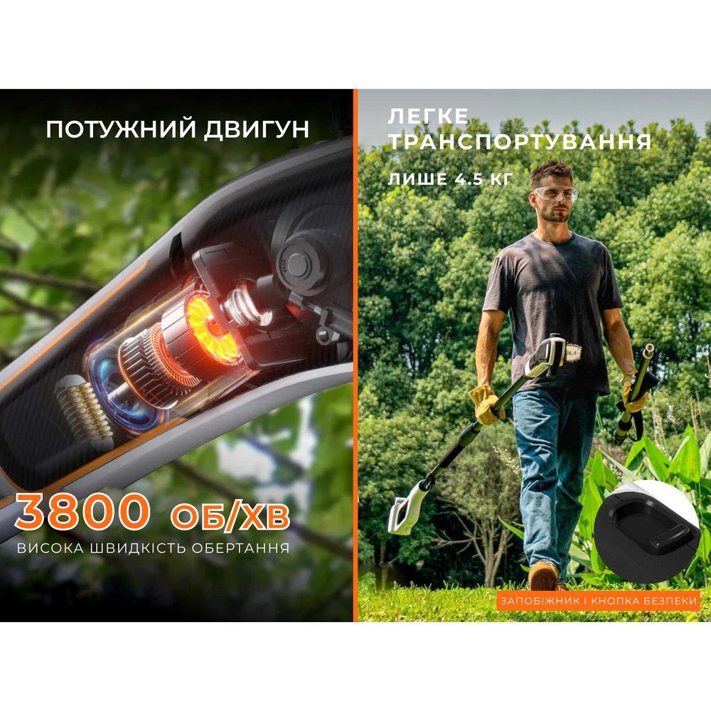 Висоторіз-кущоріз Litheli телескопічний, 3400 мм, живлення від павербанку (УМБ Litheli Power Bank 20000 mAh, 45 W, 2,5 А в комплекті) 5