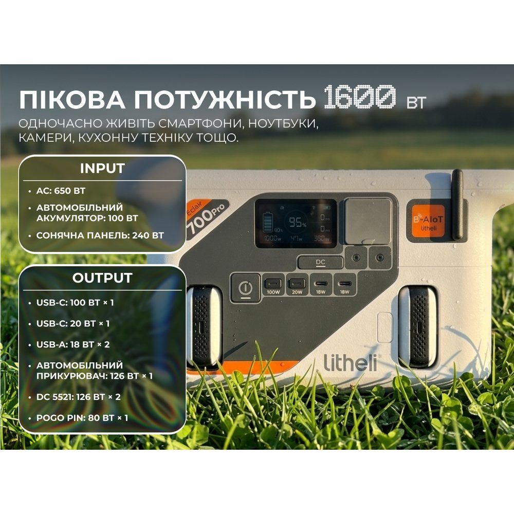 Портативна зарядна станція Litheli Éclair B700 PRO, 800 Вт, 724 Вт·рік, LiFePO4 + 2 Power Bank 10