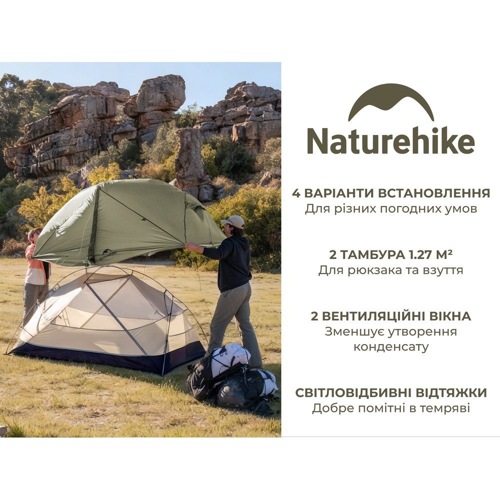 Намет надлегкий двомісний Naturehike Mongar Hiking Tent Pro CNK2550WS037, 20D, зелений 11