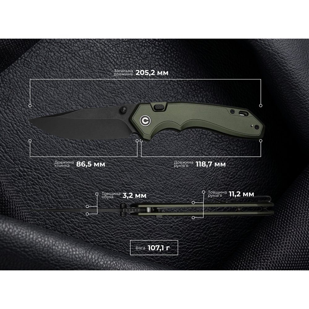Ніж складаний туристичний Civivi Elite Brova, (8.7 см) CPM S35VN / Aluminum зелений 11