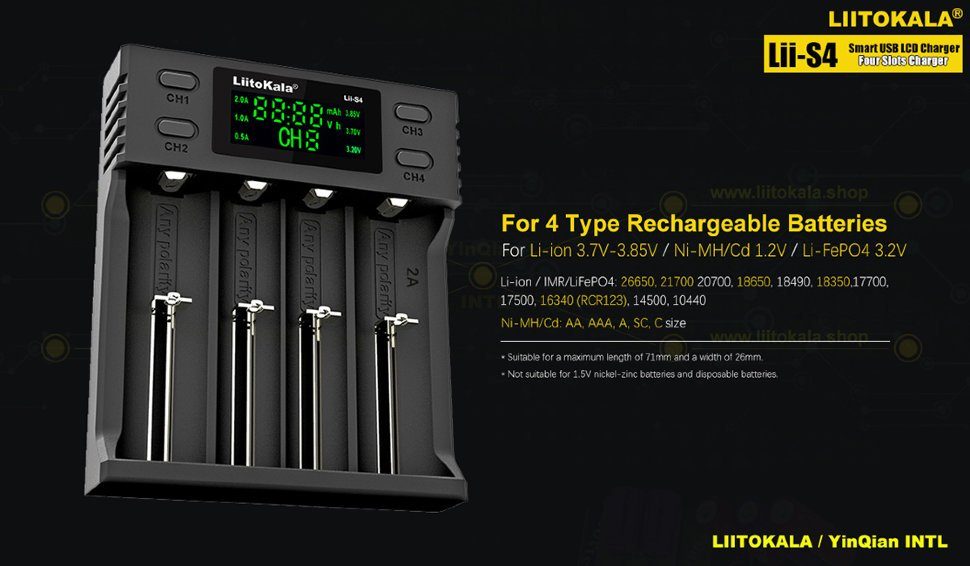 Зарядний пристрій Liitokala Lii-S4, 4 канала, Ni-Mh/Li-ion/LiFePo4, USB, LCD, Box 7