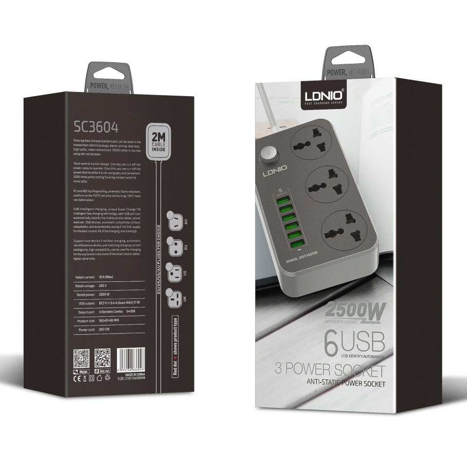 Мережевий Подовжувач LDNIO SC3604 6USB-A / 3 Sockets 2m 2