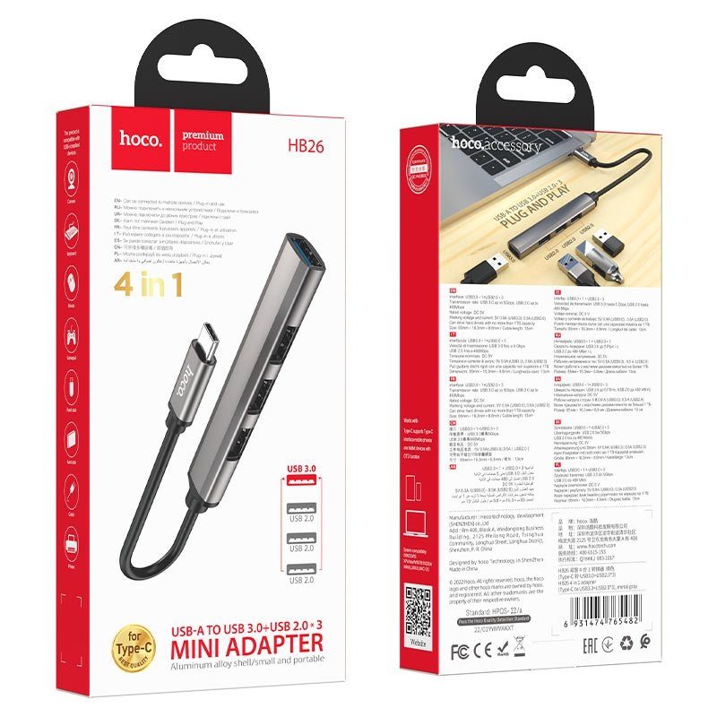 Хаб USB Hoco HB26 4 in 1 adapter(Type-C to USB3.0+USB2.0*3) 3