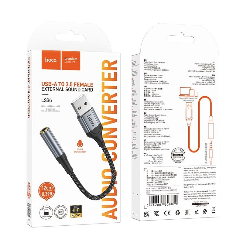 Перехідник Hoco LS36 Sound Card USB to AUX 3.5mm (female) 12cm 2