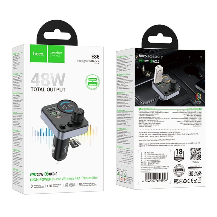 FM-трансмітер Hoco E86 USB-C PD30W+USB-A QC18W/TF/BT5.4 Total 48W 2