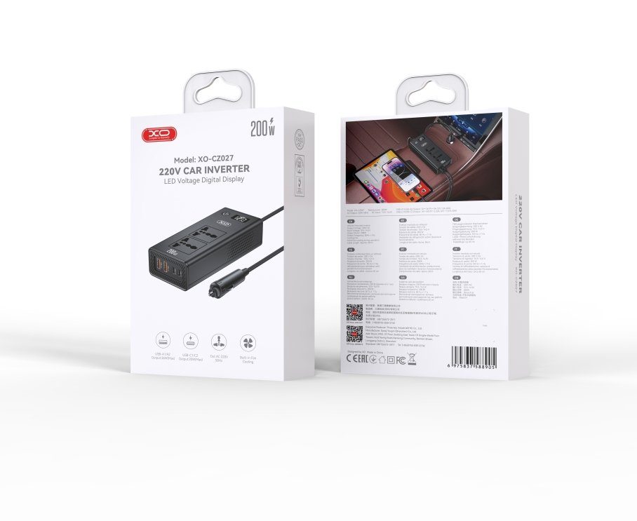 Автомобільний Інвертор XO CZ027 2 Sockets/2USB-C PD20W/2USB-A QC36W 200W 2