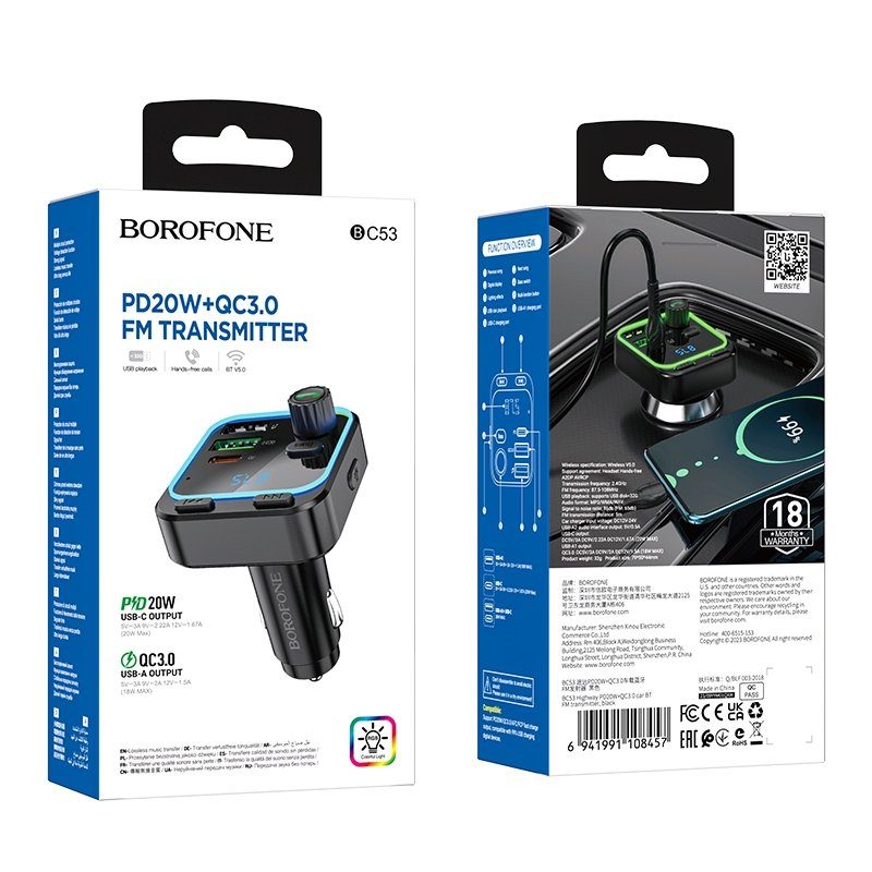 FM-трансмітер Borofone BC53 USB-C PD20W+USB-A QC18W/BT5.0 Total 38W 2