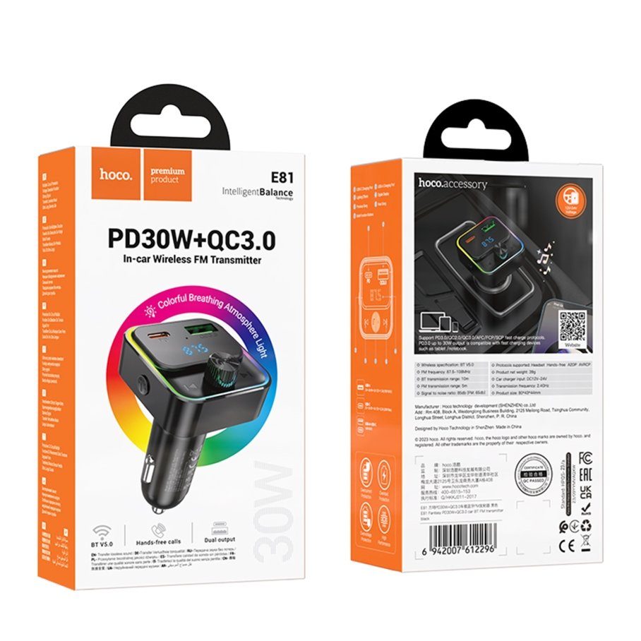 FM-трансмітер Hoco E81 USB-C PD30W+USB-A QC18W/BT5.0 Total 30W 2