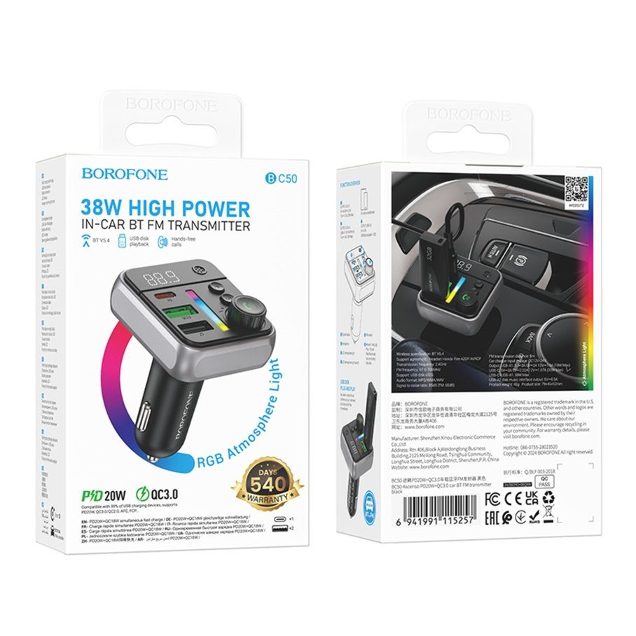 FM-трансмітер Borofone BC50 USB-C PD20W+USB-A QC18W/BT5.4 Total 38W 2