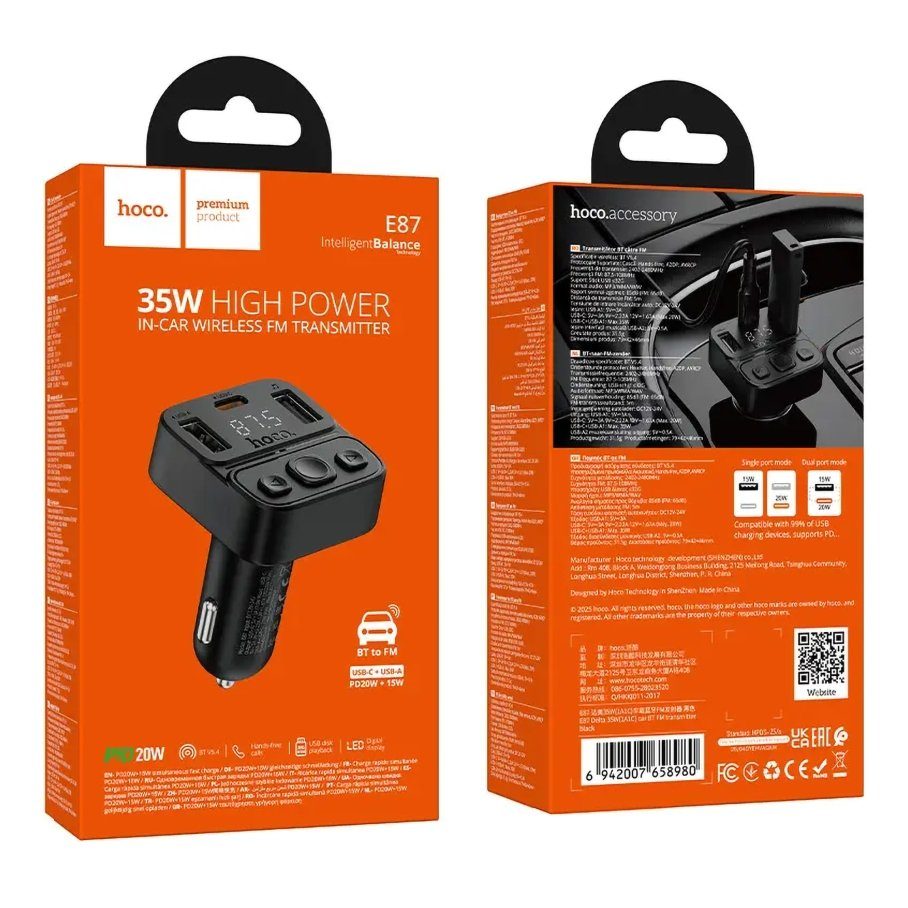 FM-трансмітер Hoco E87 USB-C PD20W+USB 15W/BT5.4 Total 35W 2