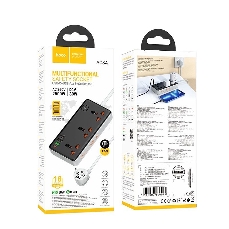 Мережевий Подовжувач Hoco AC8A 1USB-C / 3USB-A QC/PPS/PD30W / 3 Sockets 1.5m 3