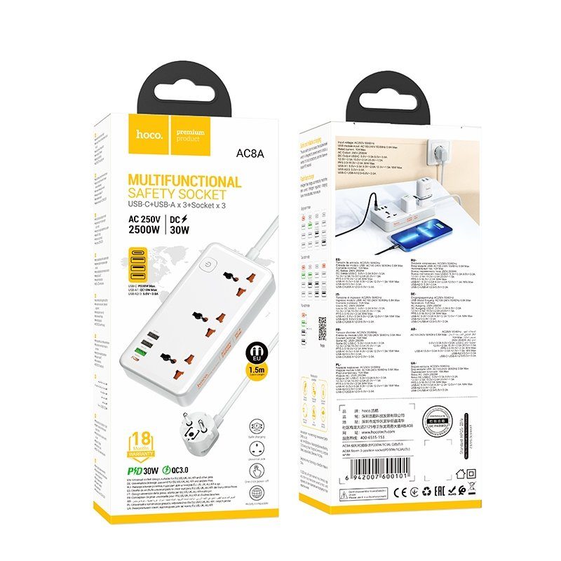 Мережевий Подовжувач Hoco AC8A 1USB-C / 3USB-A QC/PPS/PD30W / 3 Sockets 1.5m 2