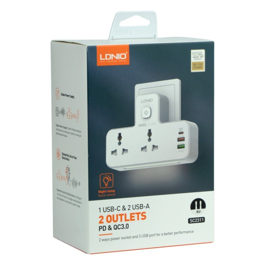 Мережевий Перехідник із Нічником LDNIO SC2311 1USB-C / 2USB-A QC/PD20W / 2 Sockets/ Led lamp 2