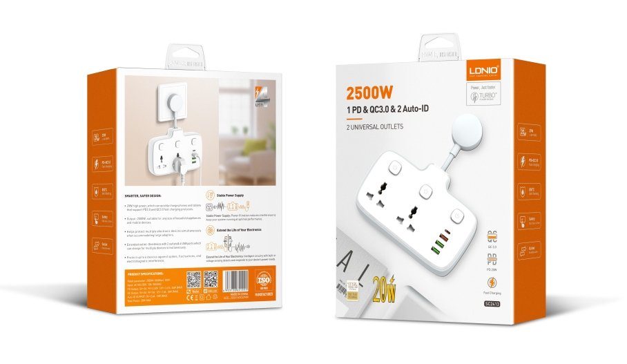 Мережевий Подовжувач LDNIO SC2413 1USB-C / 3USB-A QC/PD20W / 2 Sockets 2
