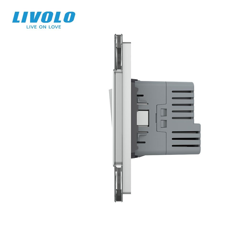 Універсальний вимикач (звичайний / прохідний) з USB Type-C 18 Вт, заземлення, захисні шторки LIVOLO сірий скло 2