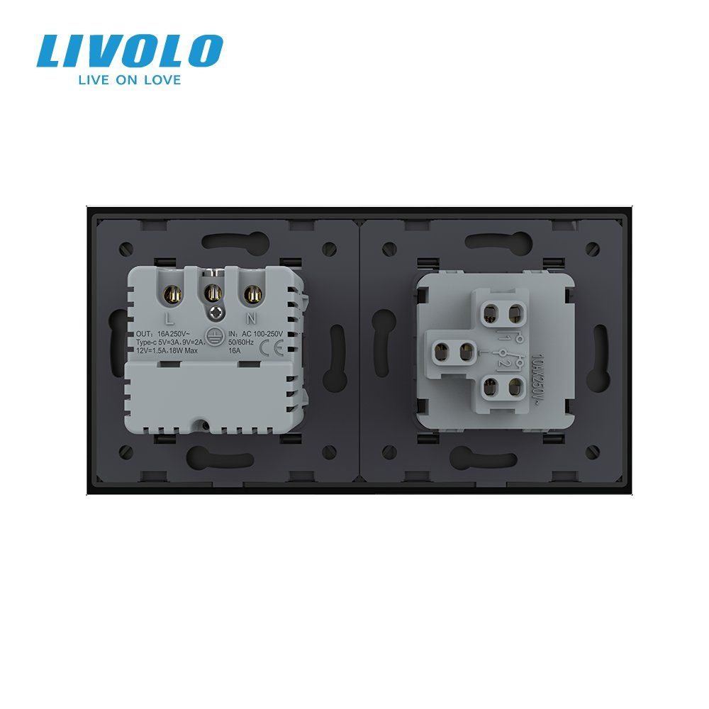 Універсальний вимикач (звичайний / прохідний) з USB Type-C 18 Вт, заземлення, LIVOLO чорний скло 4